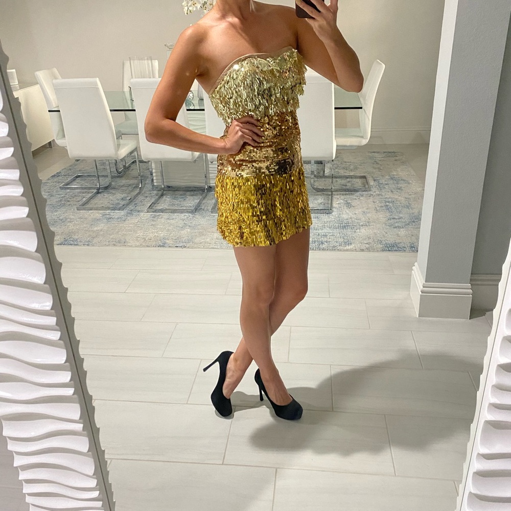 3 Tiered Gold Strapless Party Dress